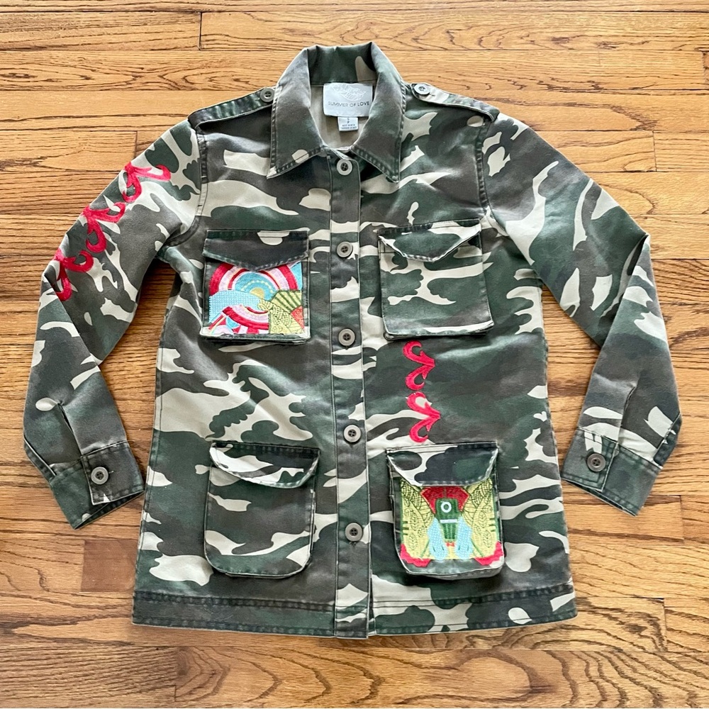 Summer of Love Camouflage Jacket with Colorful Embroidery Women’s Small
